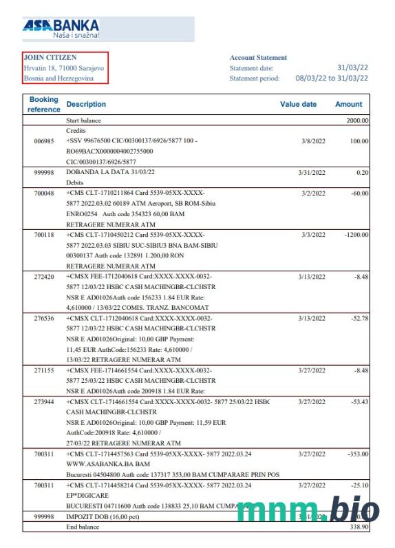 Bośnia I Hercegowina Asa Banka wzór wyciągu bankowego in Excel and PDF format